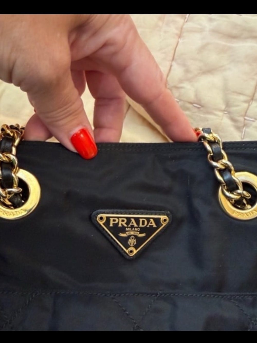 Prada Black Quilted Nylon Shoulder Bag with Gold Chain Handles. 🌟Open to Offers